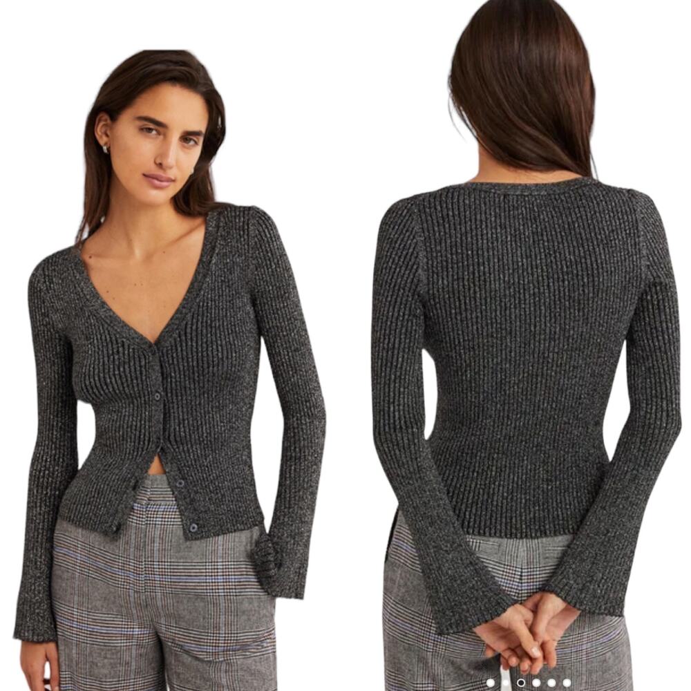 Boden NWT Black Metallic Ribbed Button Front V Neck Cardigan Top Bell Sleeves XL